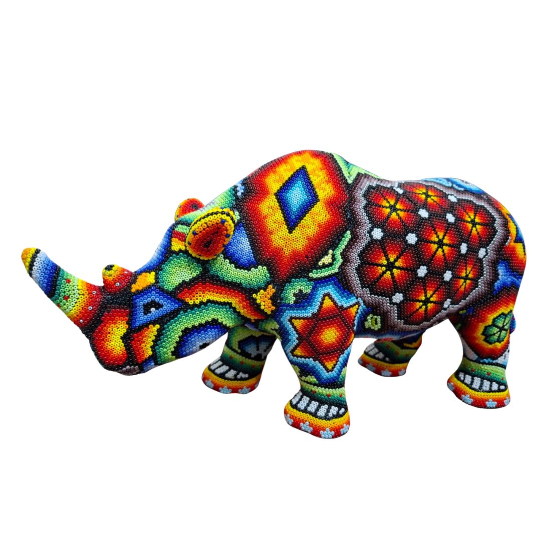 Huichol Beaded Rhino Sculpture – Large Handmade Mexican Art | MEXOUL