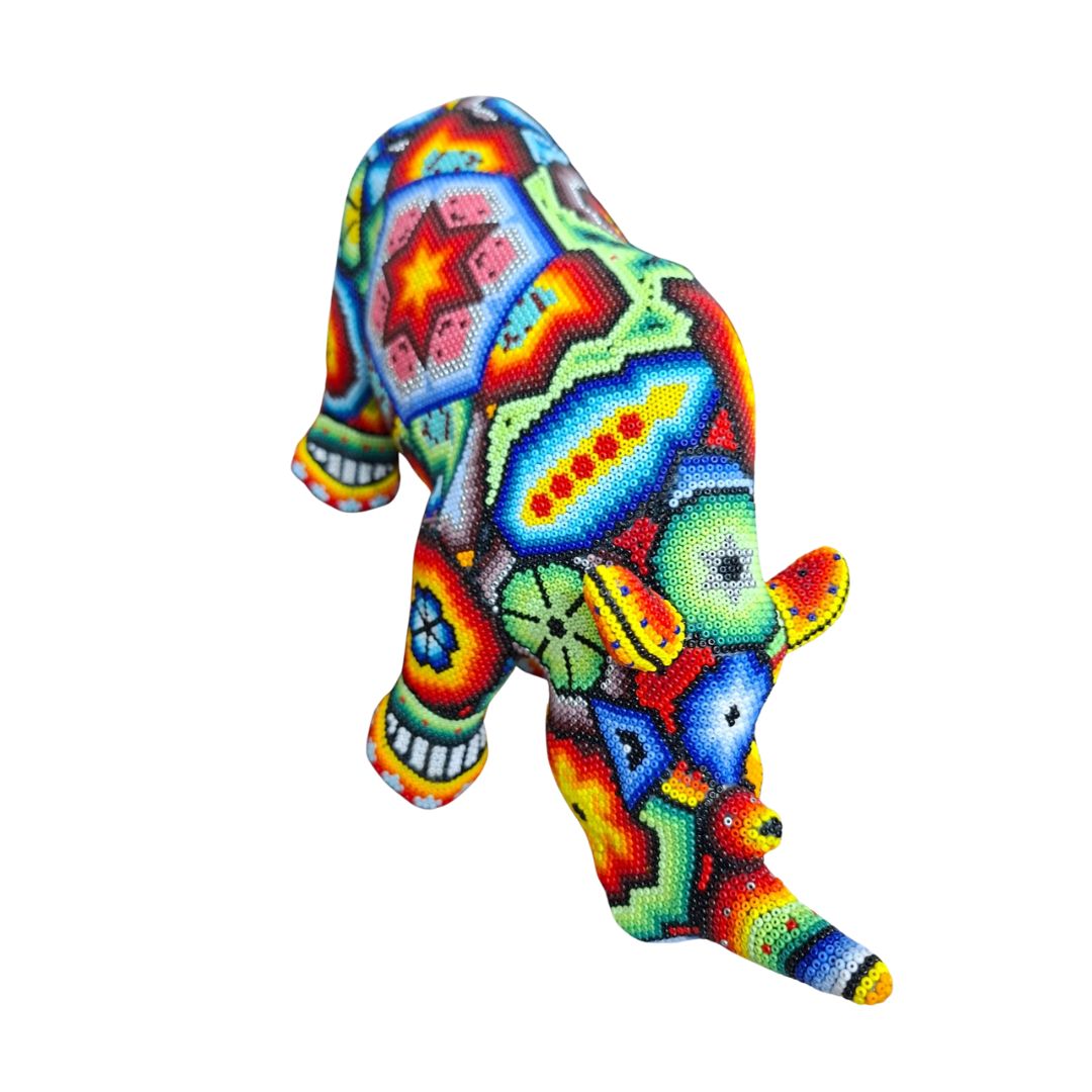 Huichol Beaded Rhino Sculpture – Large Handmade Mexican Art | MEXOUL