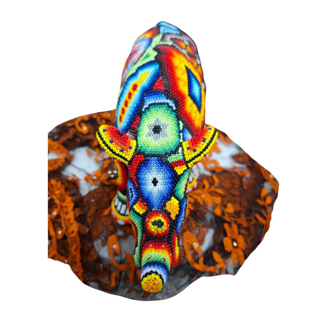 Huichol Beaded Rhino Sculpture – Large Handmade Mexican Art | MEXOUL