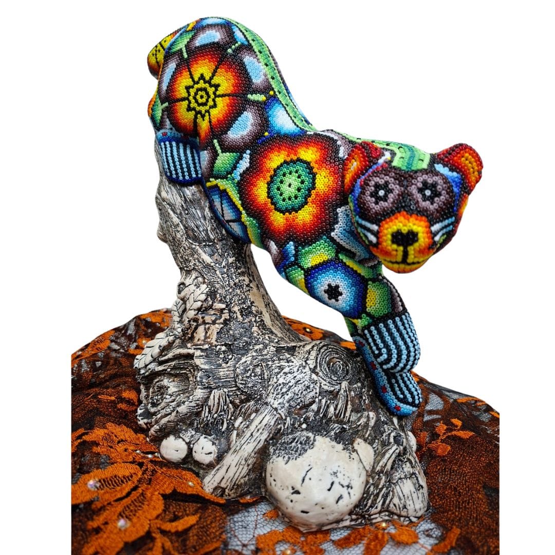 huichol beaded jaguar sculpture on wood base mexican folk art handmade