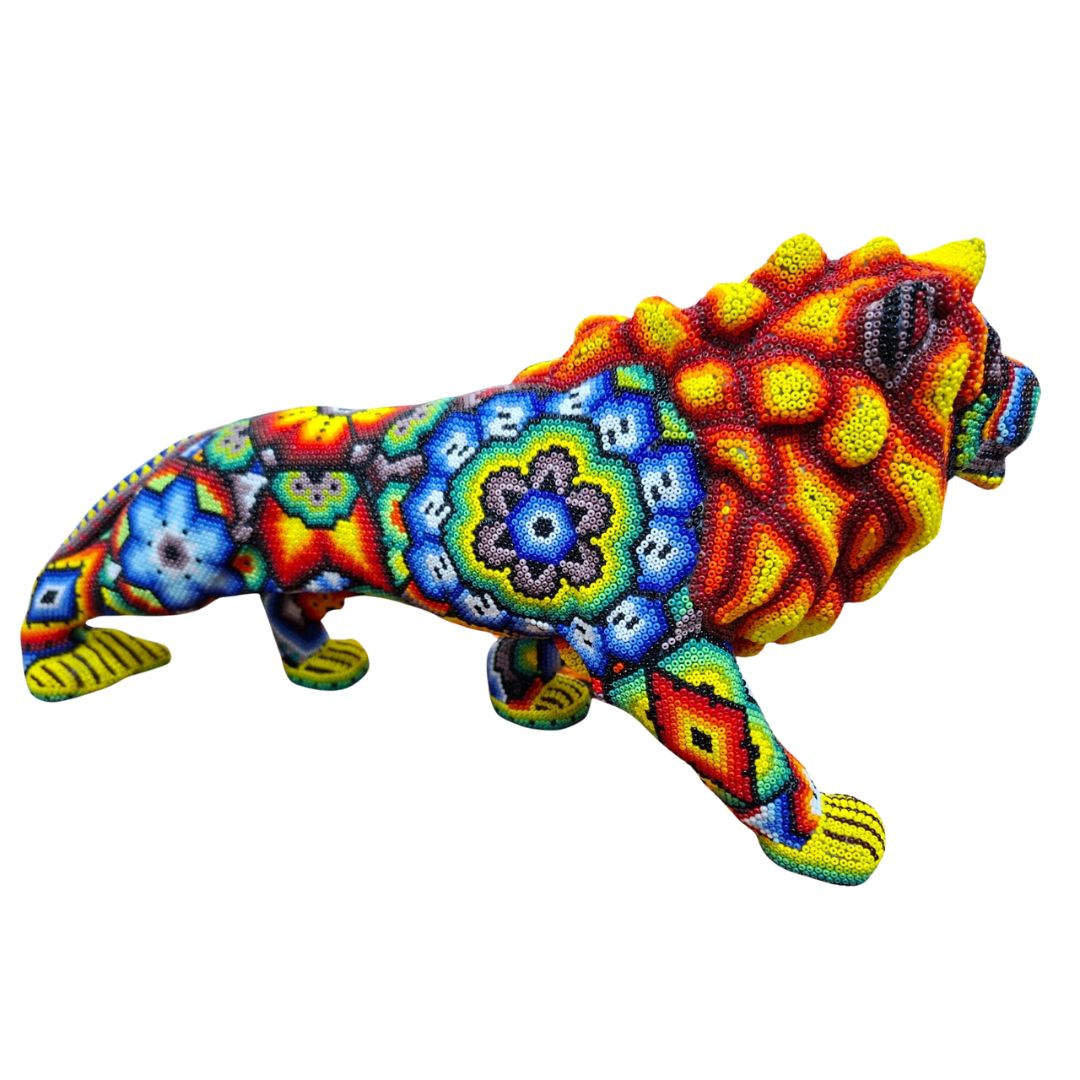 Huichol Lion Sculpture – Beaded Art from Mexico | MEXOUL