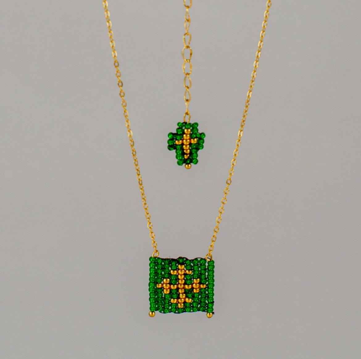 Mexoul Green Escapulario style hand woven Miyuki bead necklace, 14K gold plated chain