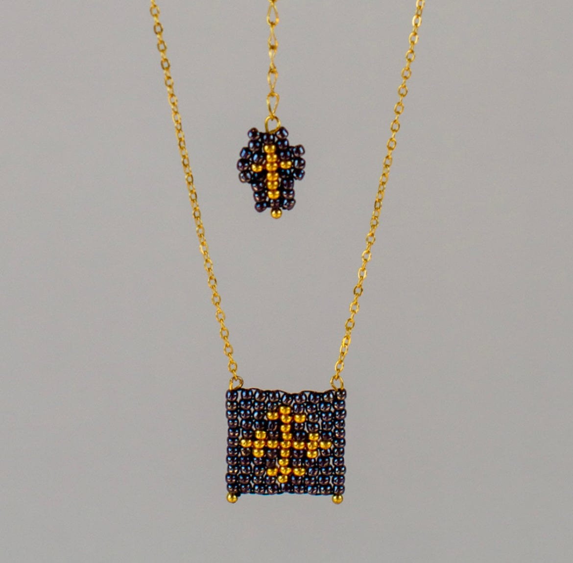 Mexoul Grey Escapulario style hand woven Miyuki bead necklace, 14K gold plated chain