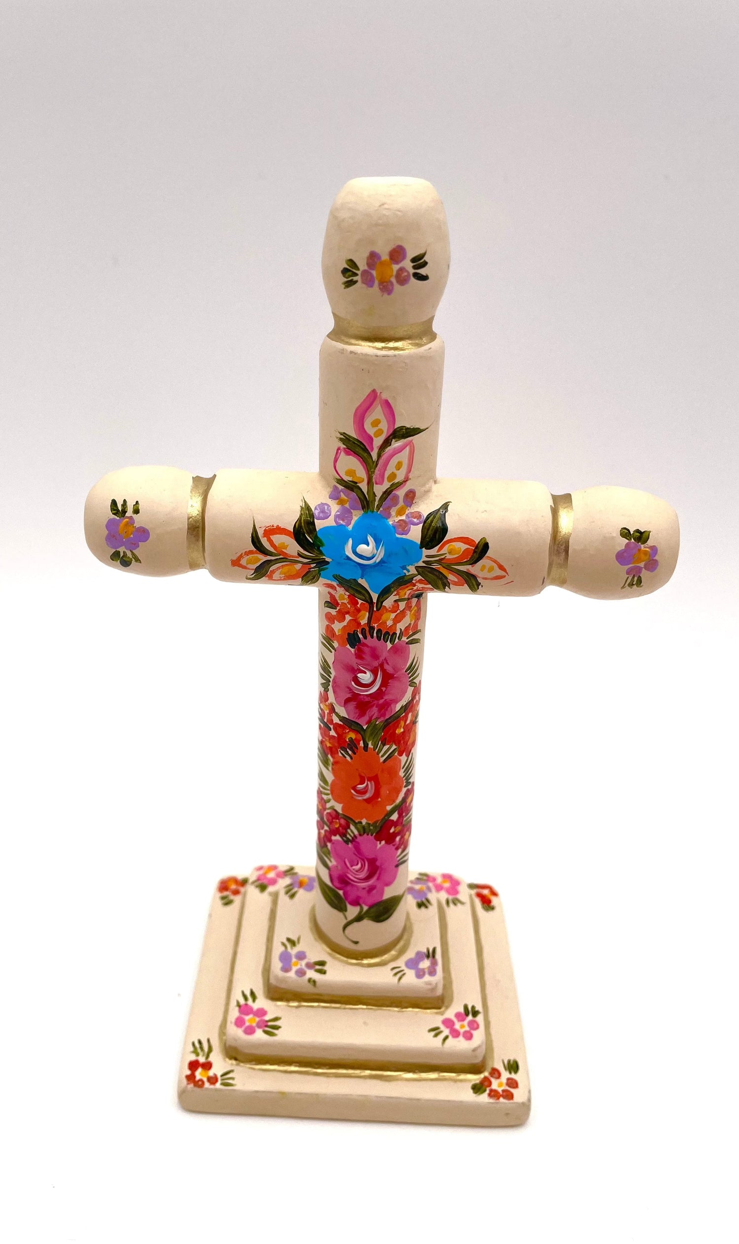 Mexoul Hand painted wood cross w/flowers (S)
