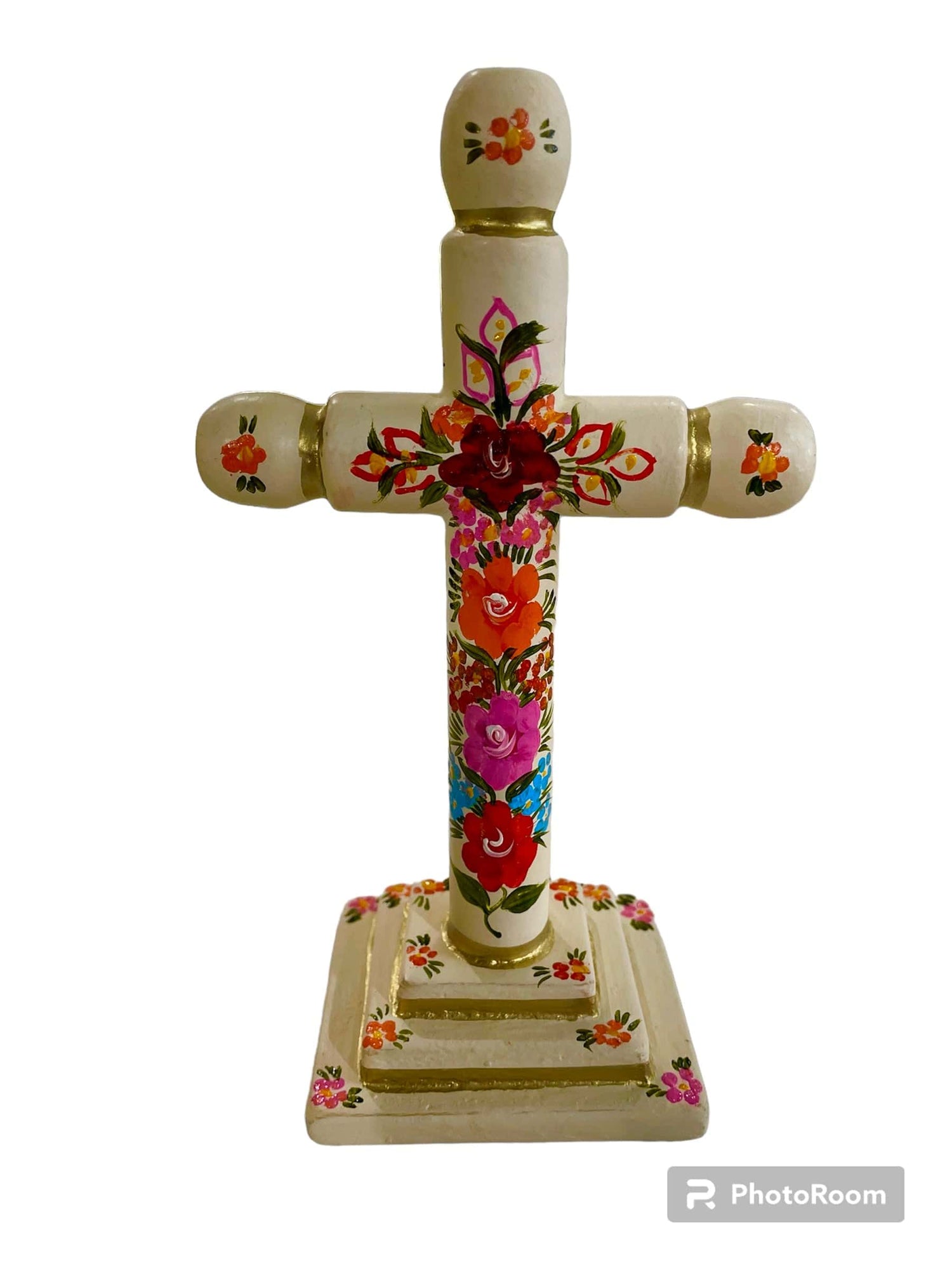 Mexoul Hand painted wood cross w/flowers (S)