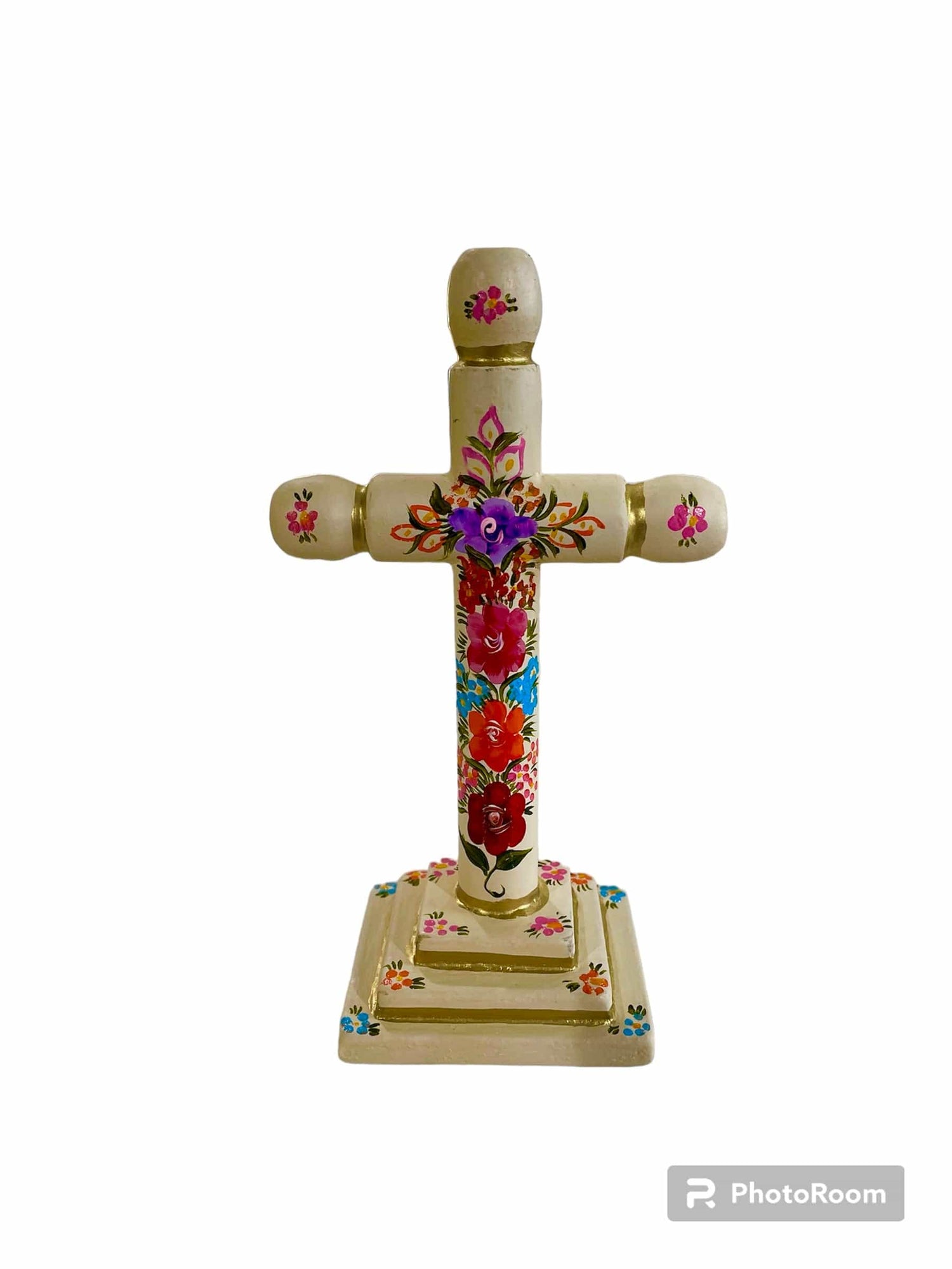 Mexoul Hand painted wood cross w/flowers (S)
