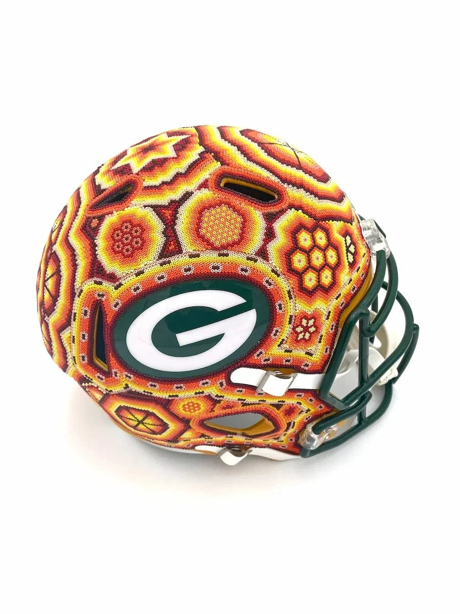 Mexoul NFL Helmet – Green Bay Packers – Full Size – Huichol Beaded Art – Ready to Ship
