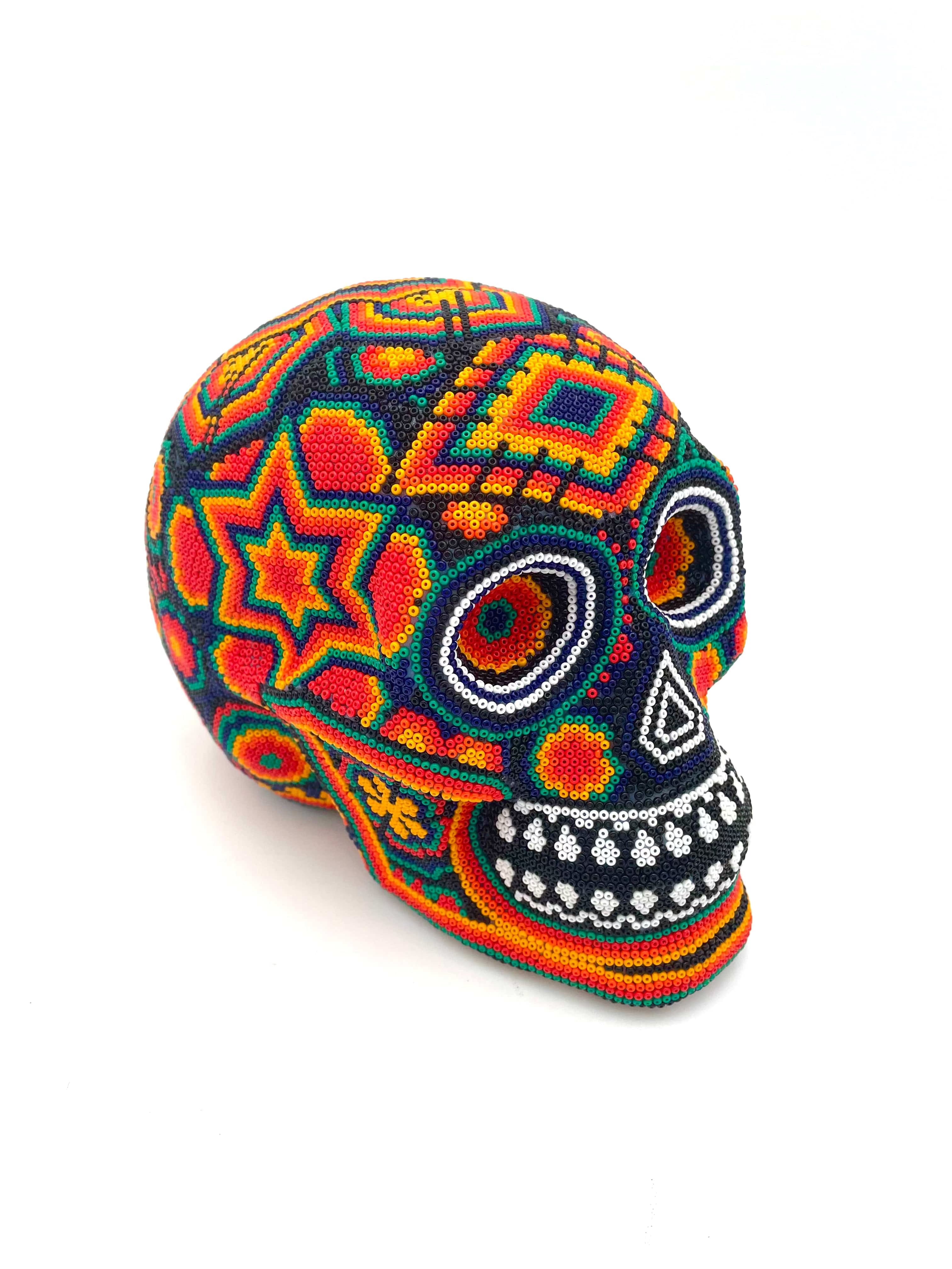 Mexoul ORANGE GREEN Huichol art skull