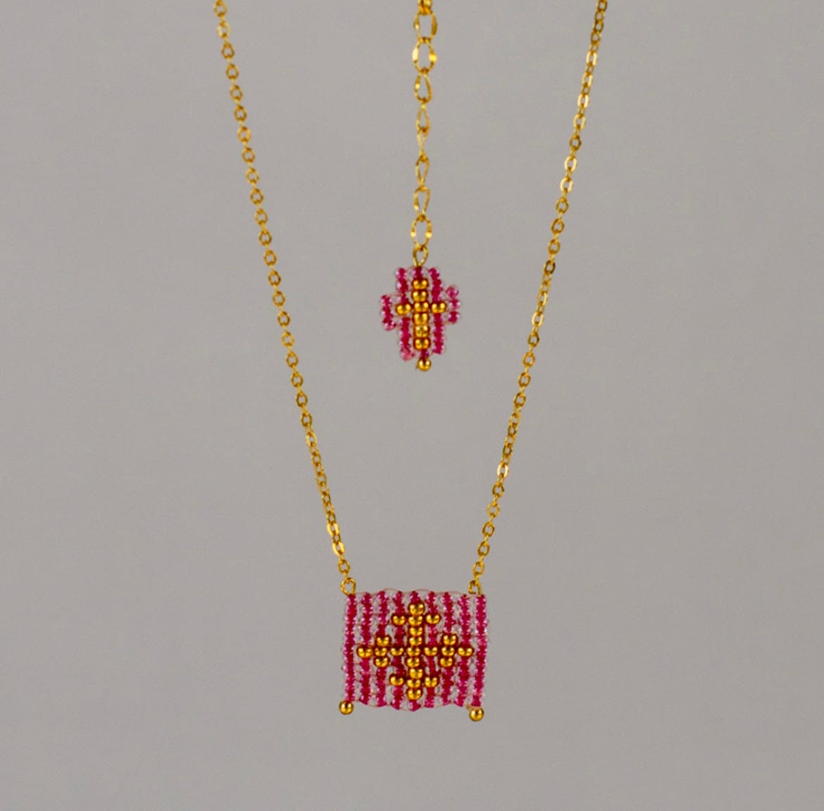 Mexoul Pink Escapulario style hand woven Miyuki bead necklace, 14K gold plated chain