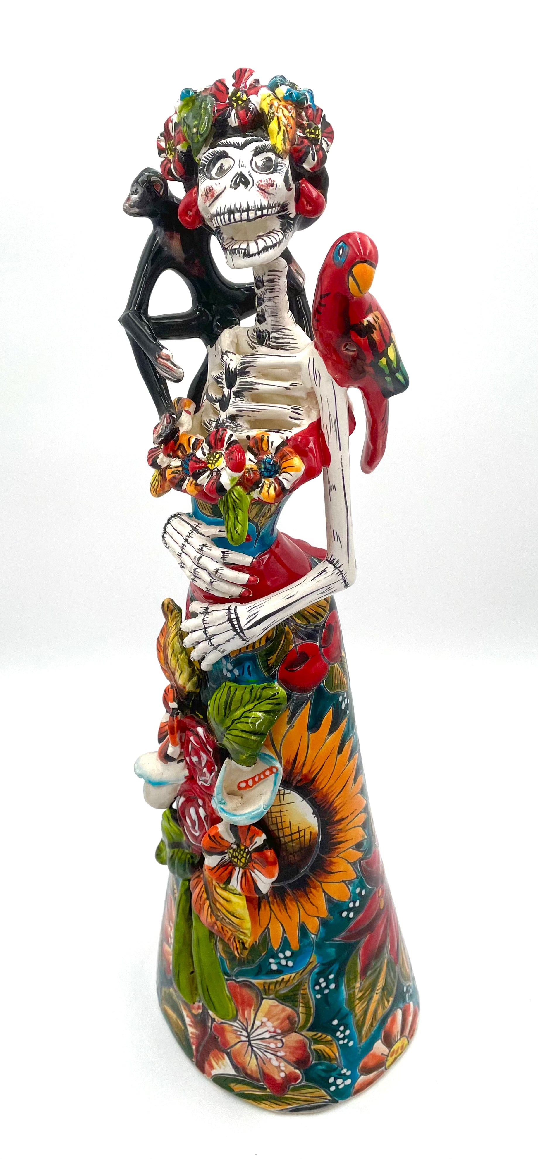 Mexoul Talavera catrina with colored dress, parrot and monkey