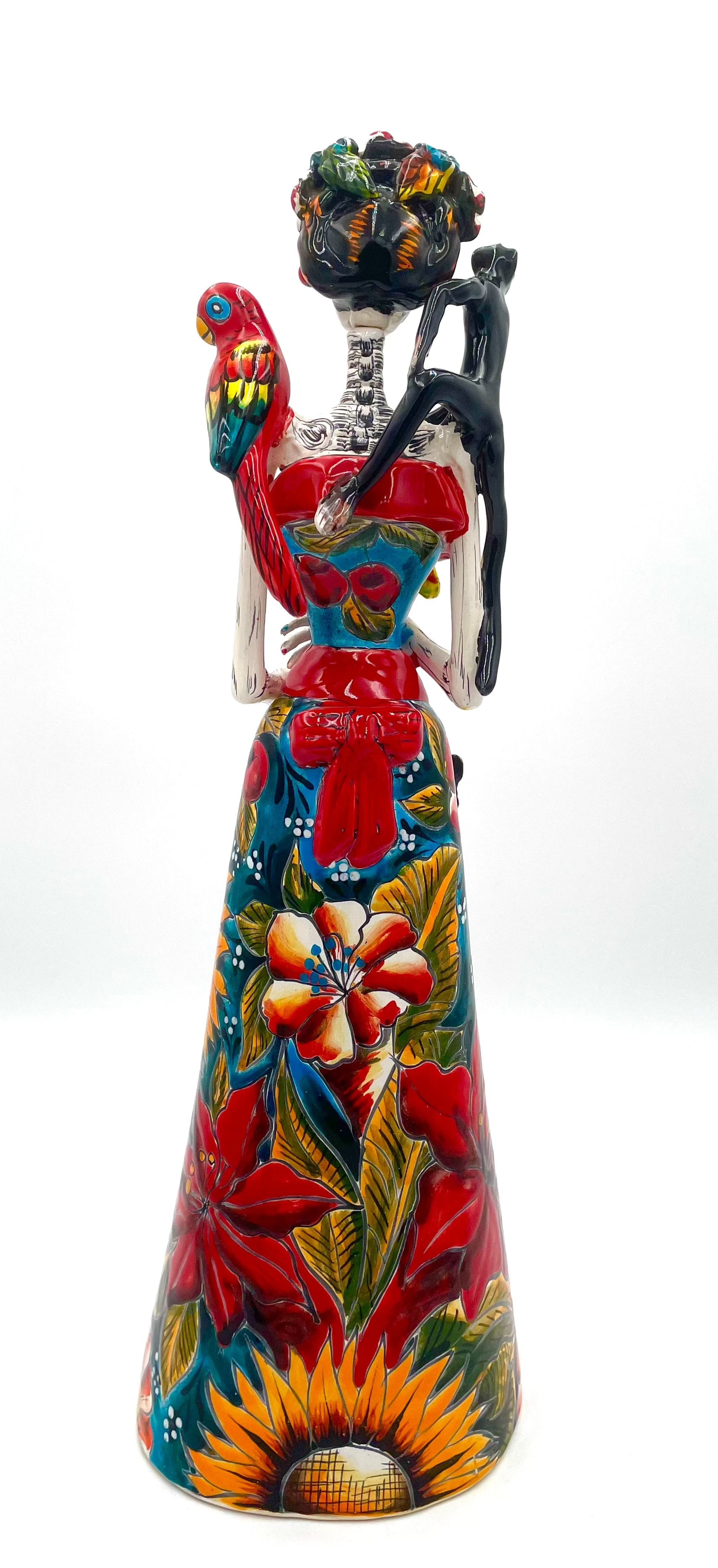 Mexoul Talavera catrina with colored dress, parrot and monkey