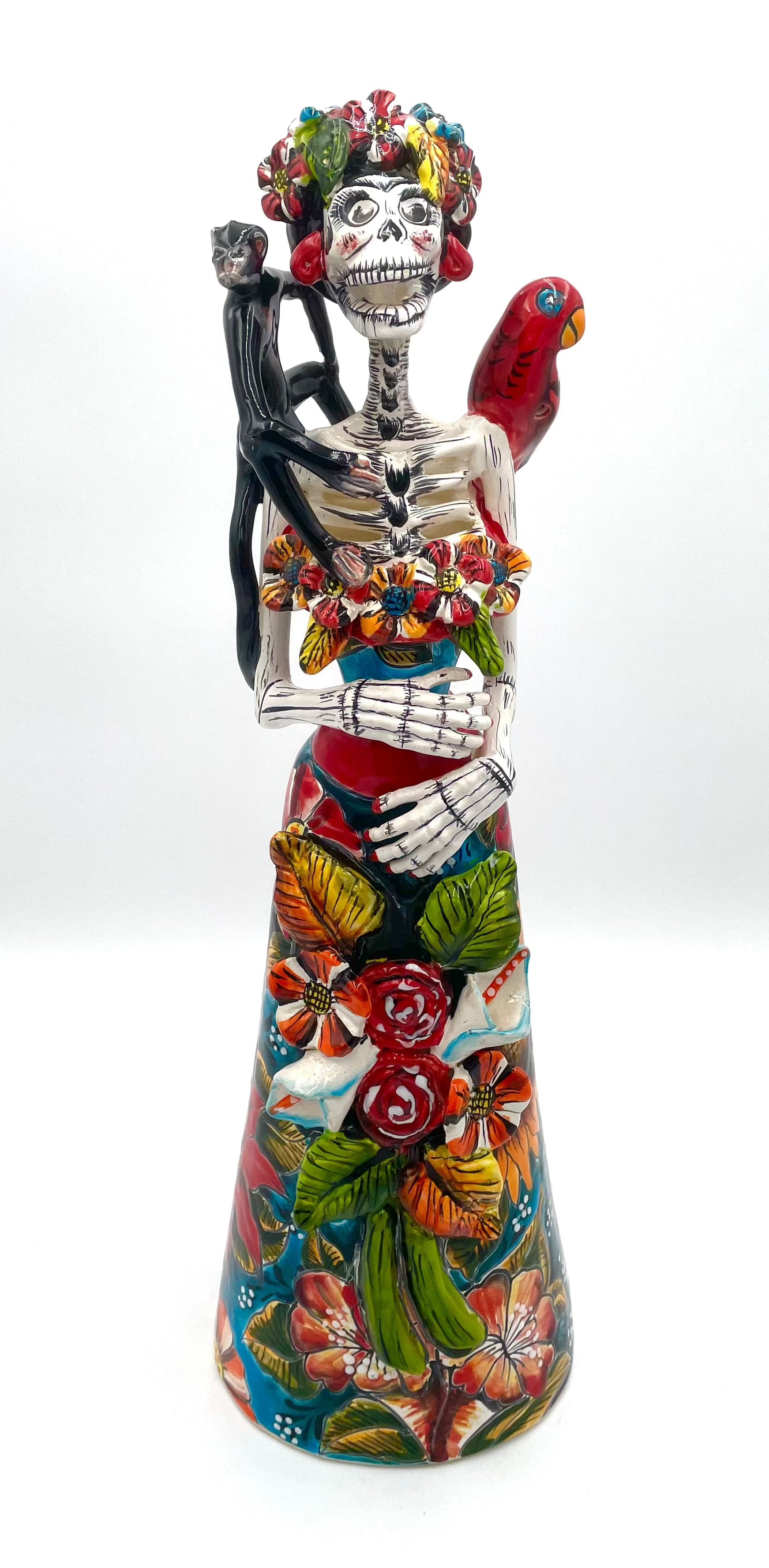 Mexoul Talavera catrina with colored dress, parrot and monkey