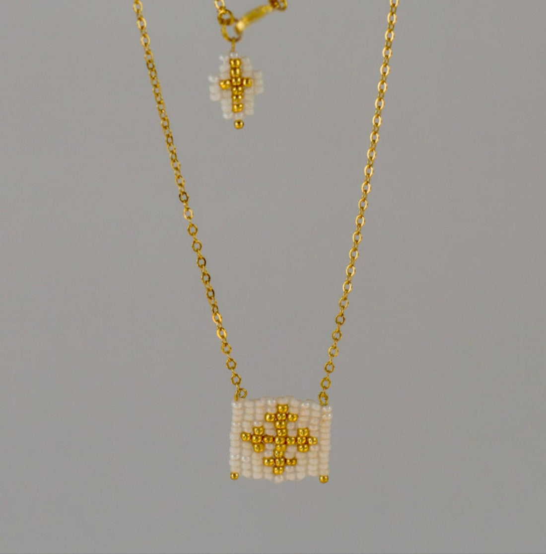 Mexoul White Escapulario style hand woven Miyuki bead necklace, 14K gold plated chain