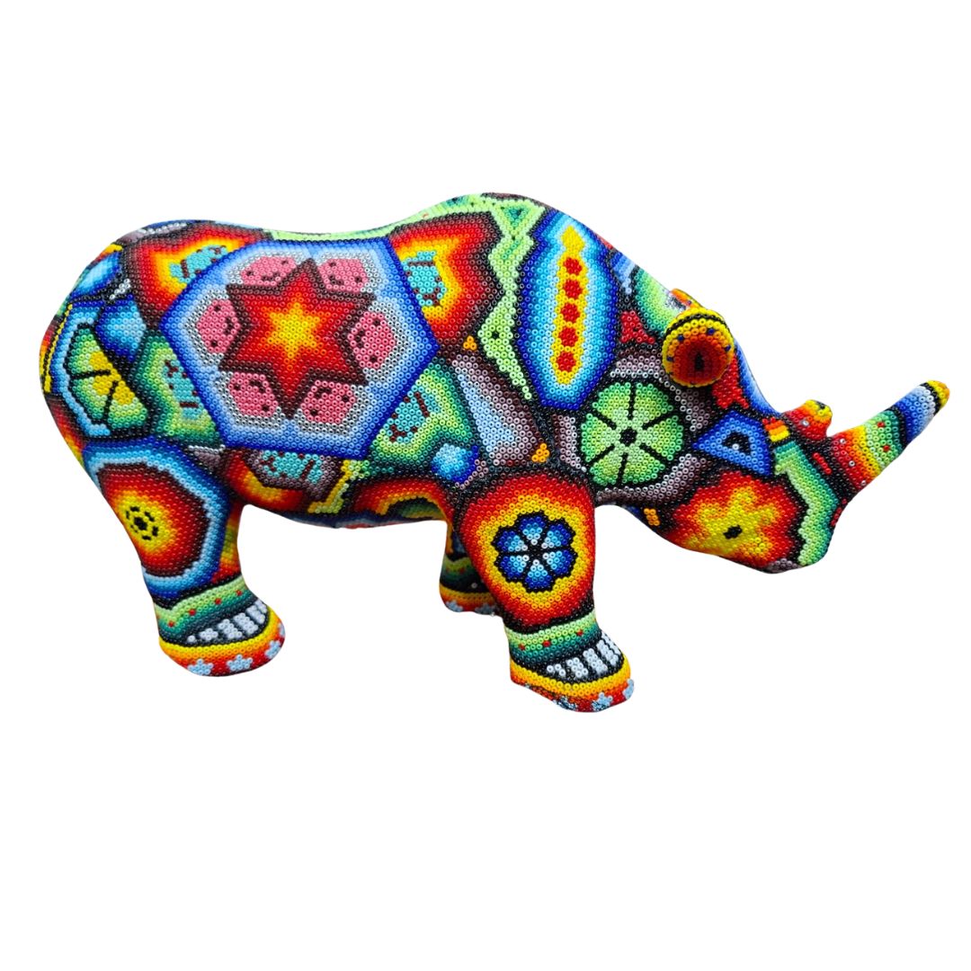 Huichol Beaded Rhino Sculpture – Large Handmade Mexican Art | MEXOUL