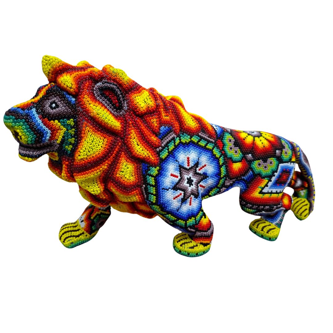 Huichol Lion Sculpture – Beaded Art from Mexico | MEXOUL