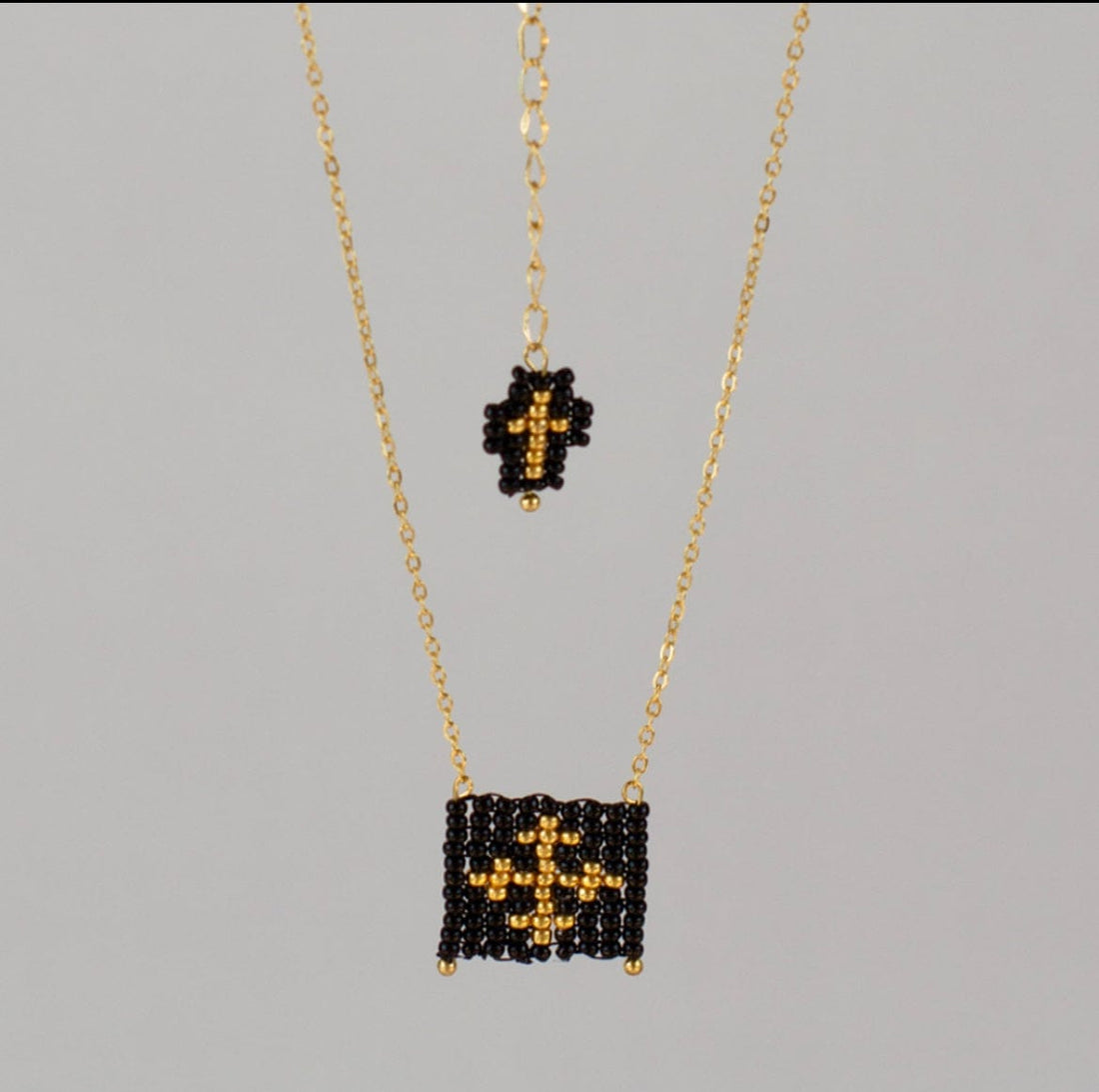 Mexoul Black Escapulario style hand woven Miyuki bead necklace, 14K gold plated chain
