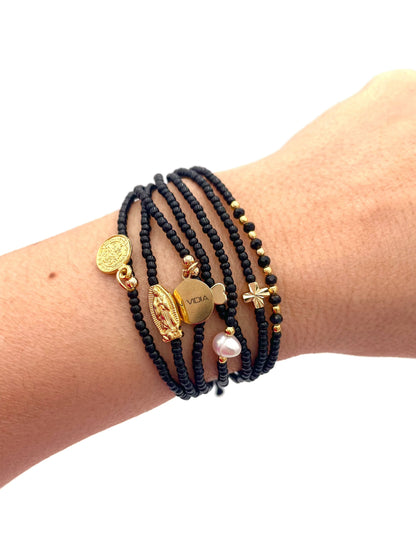 Mexoul Black Handmade beaded 7 strand bracelet
