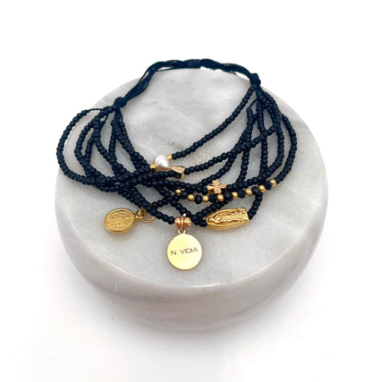 Mexoul Black Handmade beaded 7 strand bracelet