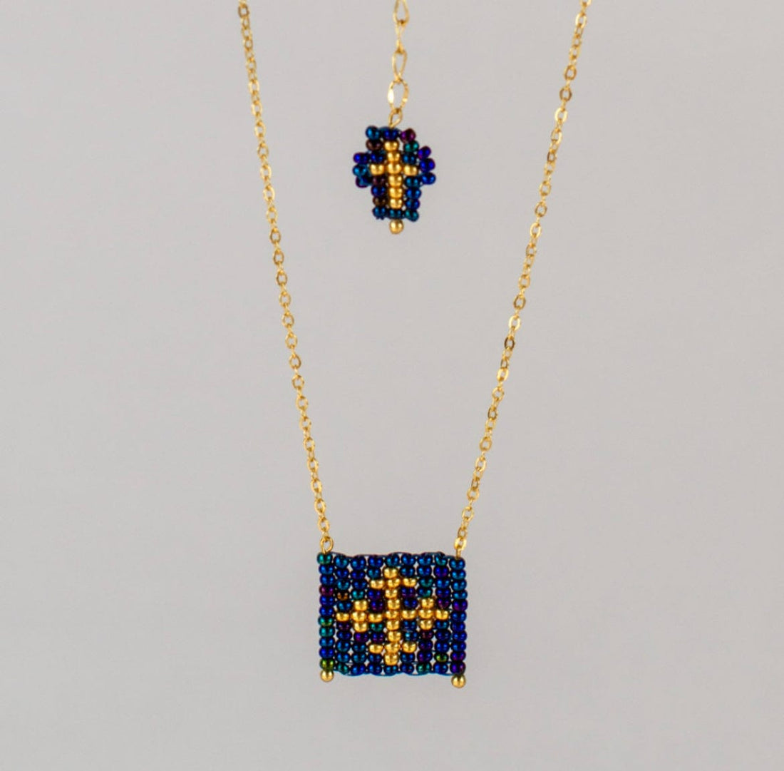 Mexoul Blue amethyst Escapulario style hand woven Miyuki bead necklace, 14K gold plated chain
