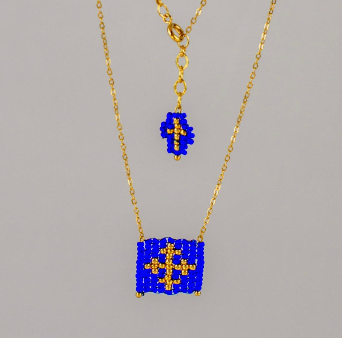 Mexoul Blue Escapulario style hand woven Miyuki bead necklace, 14K gold plated chain