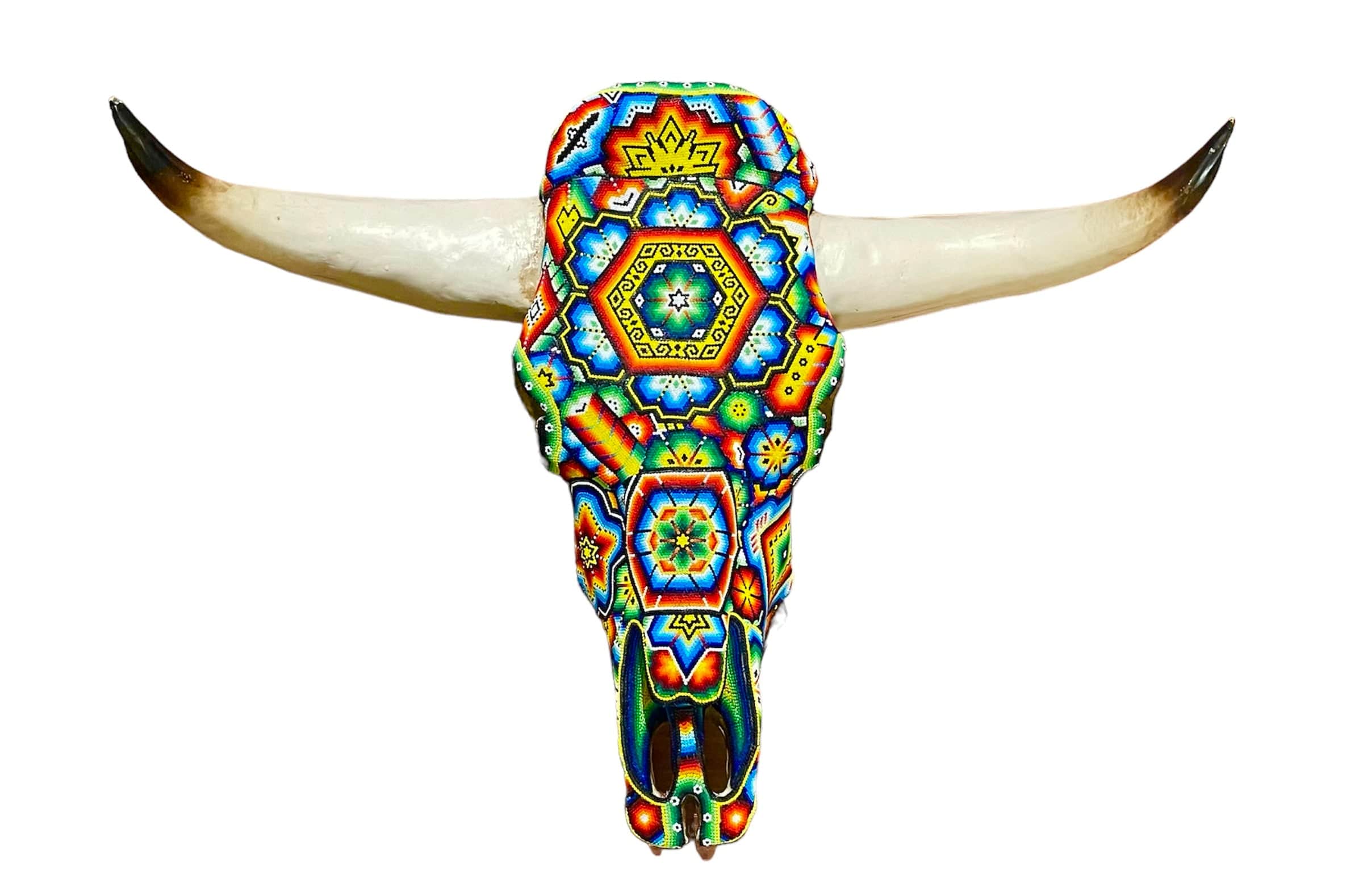 Mexoul BLUE FLOWERS &amp; HEXAGON Huichol art ox head