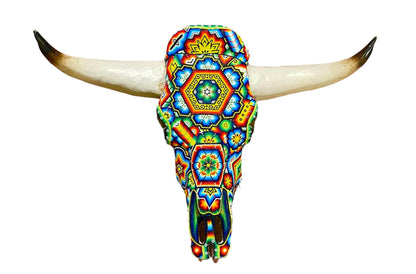 Mexoul BLUE FLOWERS &amp; HEXAGON Huichol art ox head