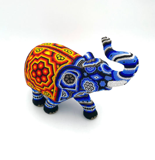 Mexoul BLUE ORANGE YELLOW Huichol art elephant