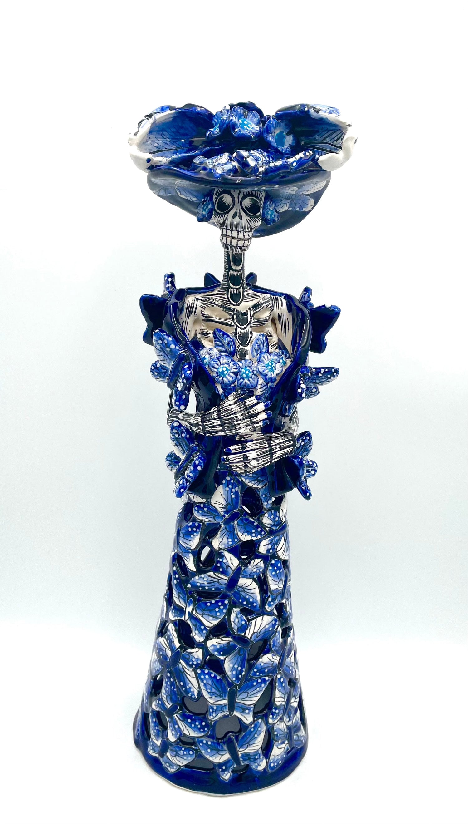 Mexoul Blue-white talavera catrina with butterflies dress