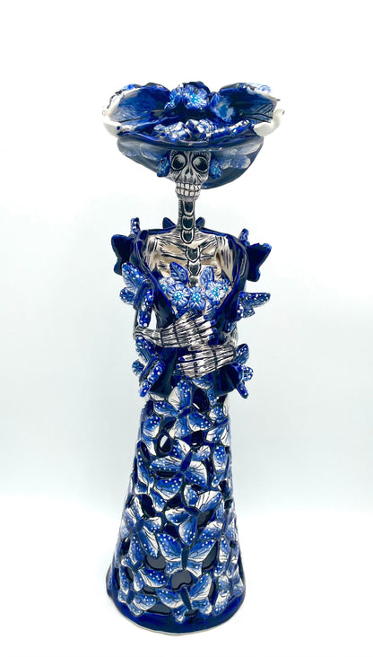 Mexoul Blue-white talavera catrina with butterflies dress