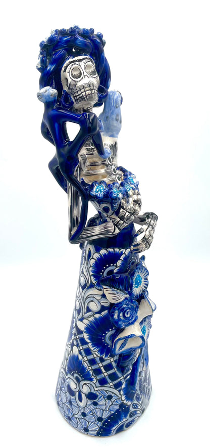 Mexoul Blue-white talavera catrina with parrot and monkey
