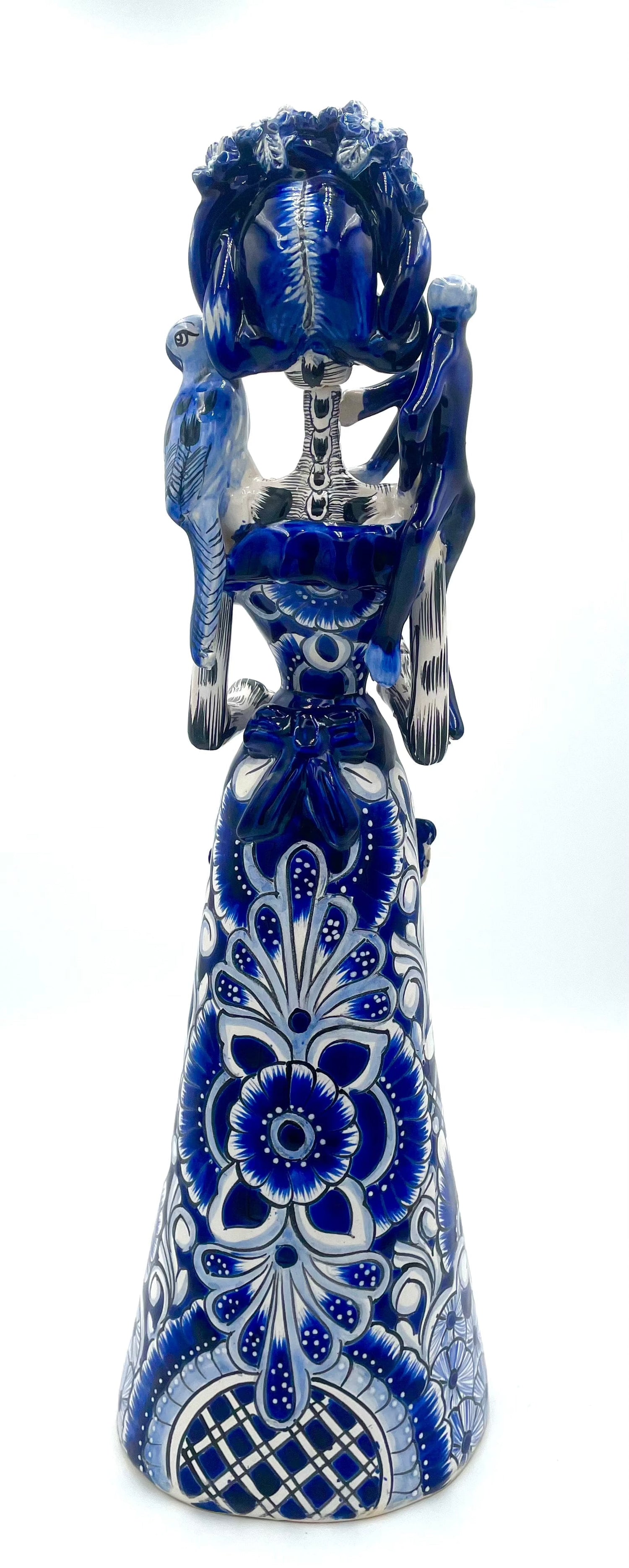 Mexoul Blue-white talavera catrina with parrot and monkey