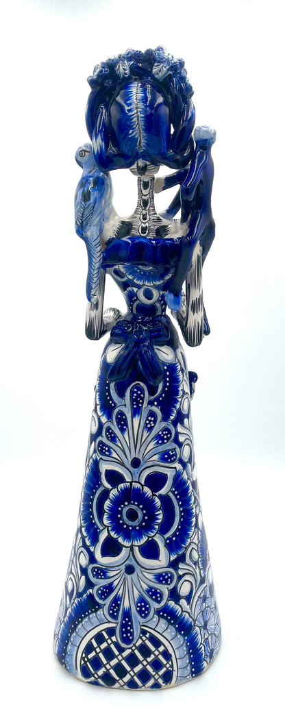 Mexoul Blue-white talavera catrina with parrot and monkey