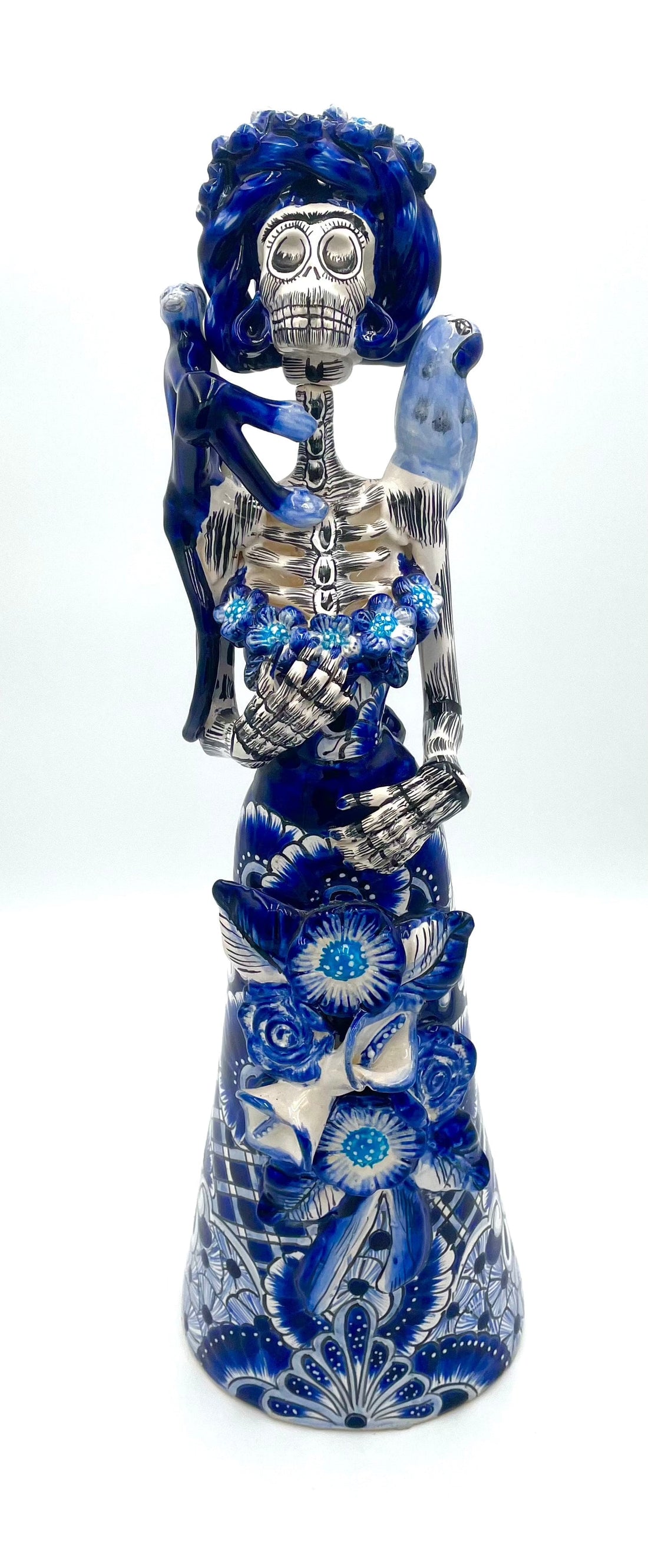 Mexoul Blue-white talavera catrina with parrot and monkey