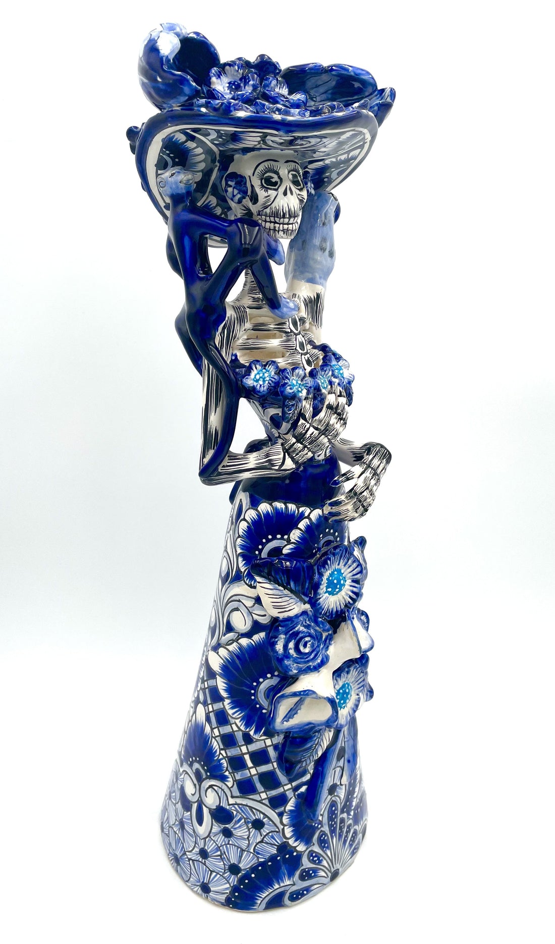 Mexoul Blue &amp; White Talavera Catrina – with Sombrero -parrot &amp; monkey