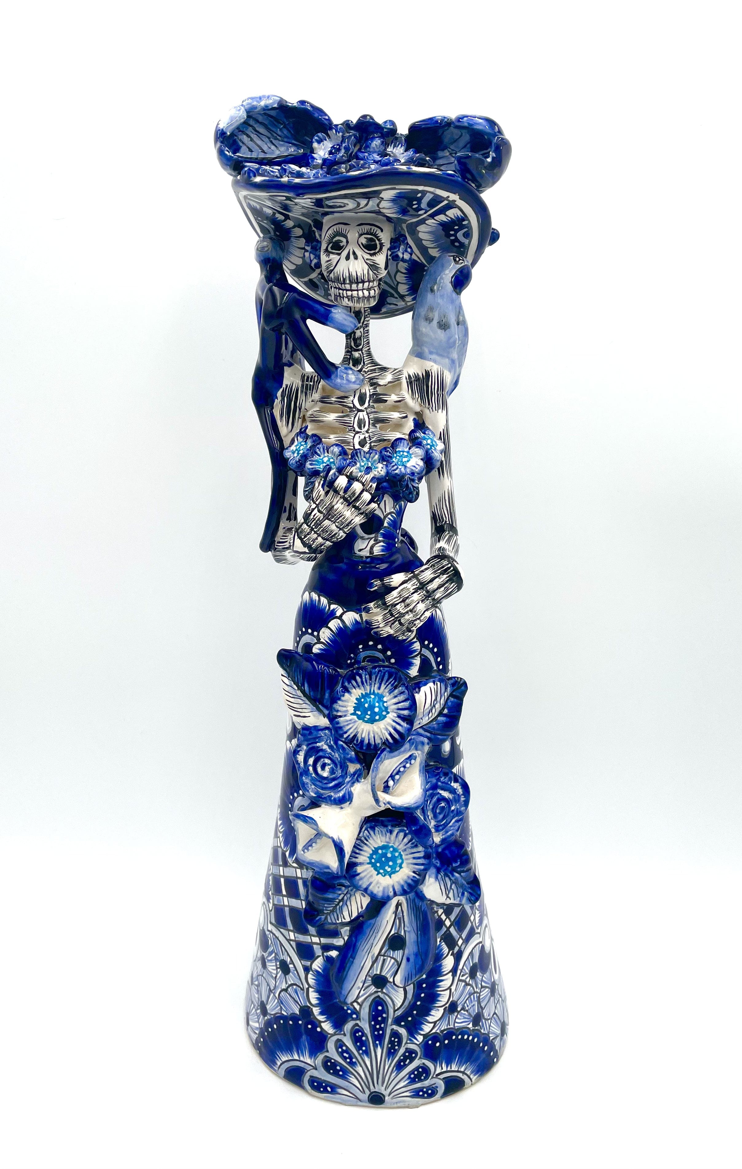 Mexoul Blue &amp; White Talavera Catrina – with Sombrero -parrot &amp; monkey