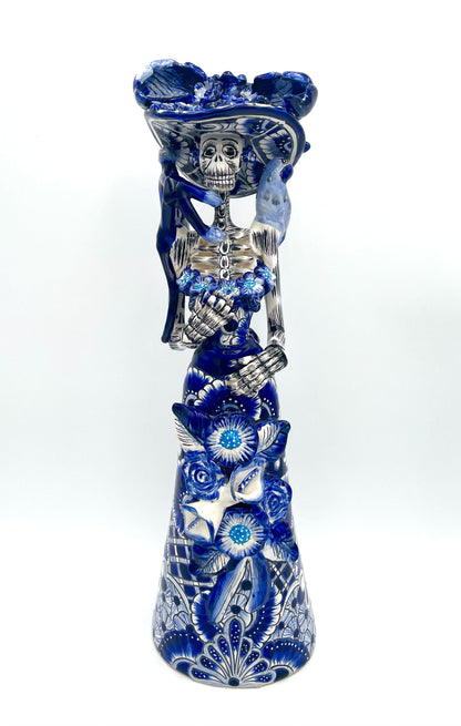 Mexoul Blue &amp; White Talavera Catrina – with Sombrero -parrot &amp; monkey