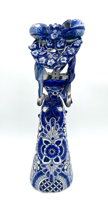 Mexoul Blue &amp; White Talavera Catrina – with Sombrero -parrot &amp; monkey