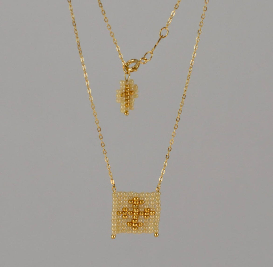 Mexoul Ceylon Escapulario style hand woven Miyuki bead necklace, 14K gold plated chain