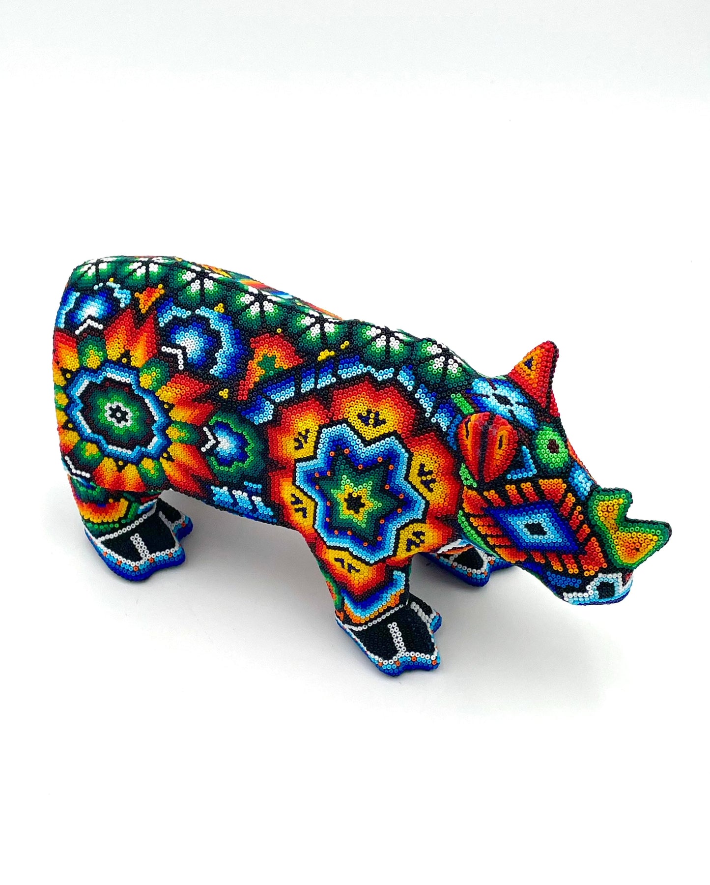 Mexoul DARK GREEN FLOWERS Huichol art rhino