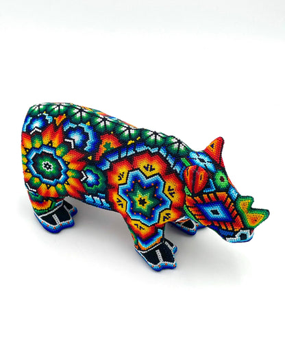 Mexoul DARK GREEN FLOWERS Huichol art rhino