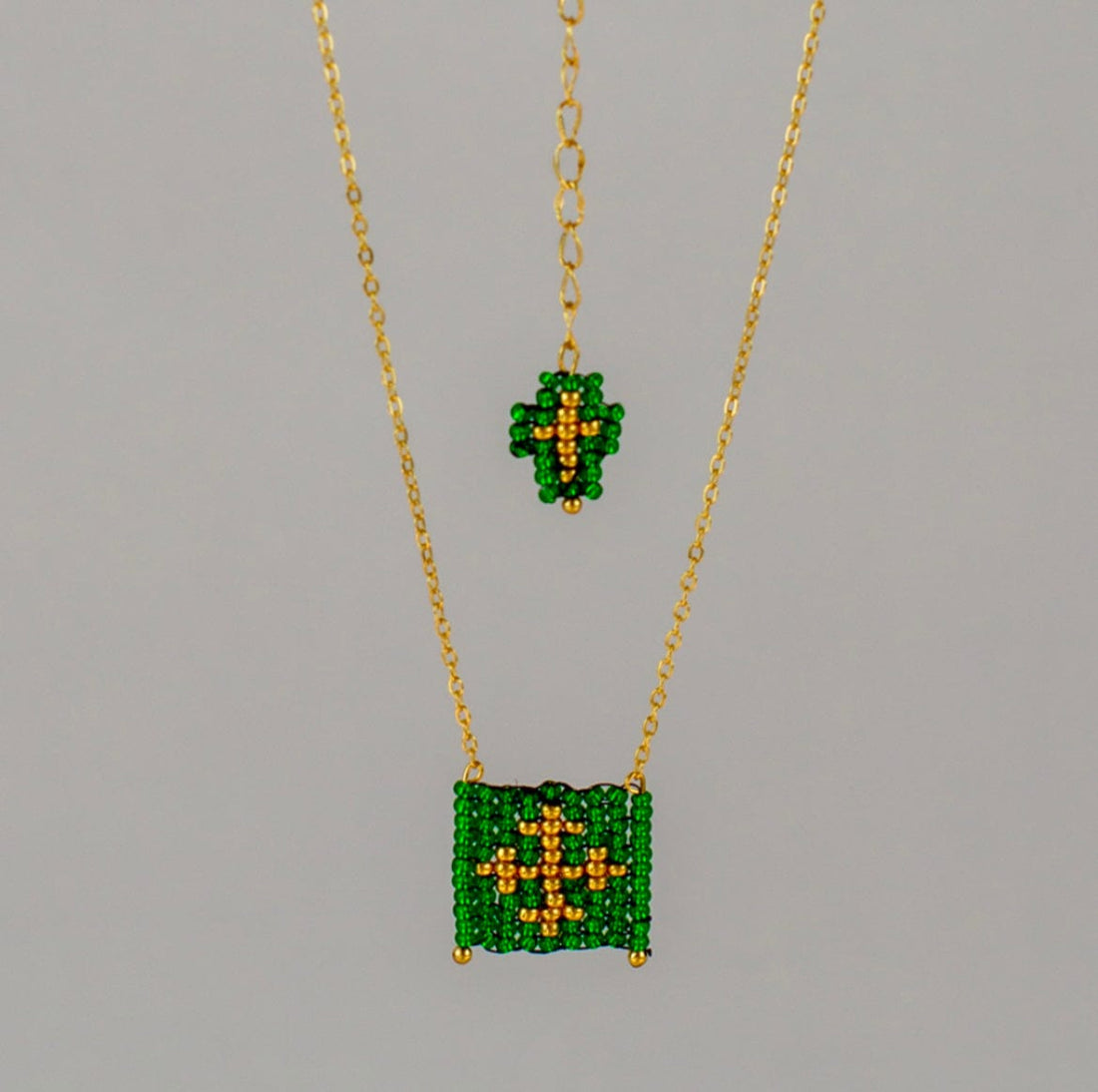Mexoul Green Escapulario style hand woven Miyuki bead necklace, 14K gold plated chain