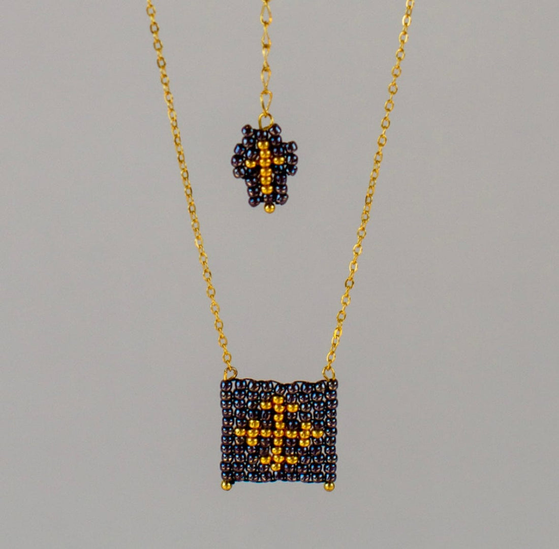 Mexoul Grey Escapulario style hand woven Miyuki bead necklace, 14K gold plated chain