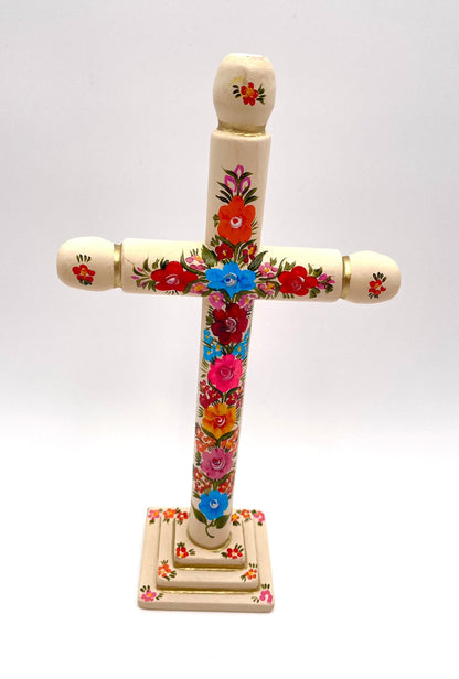 Mexoul Hand painted wood cross w/flowers (L)