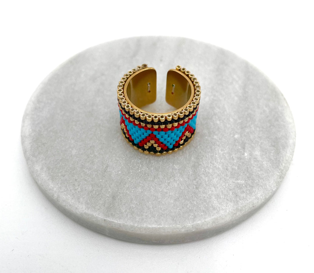 Mexoul Handmade Wide Band Ring Blue and Red Miyuki Seed Bead