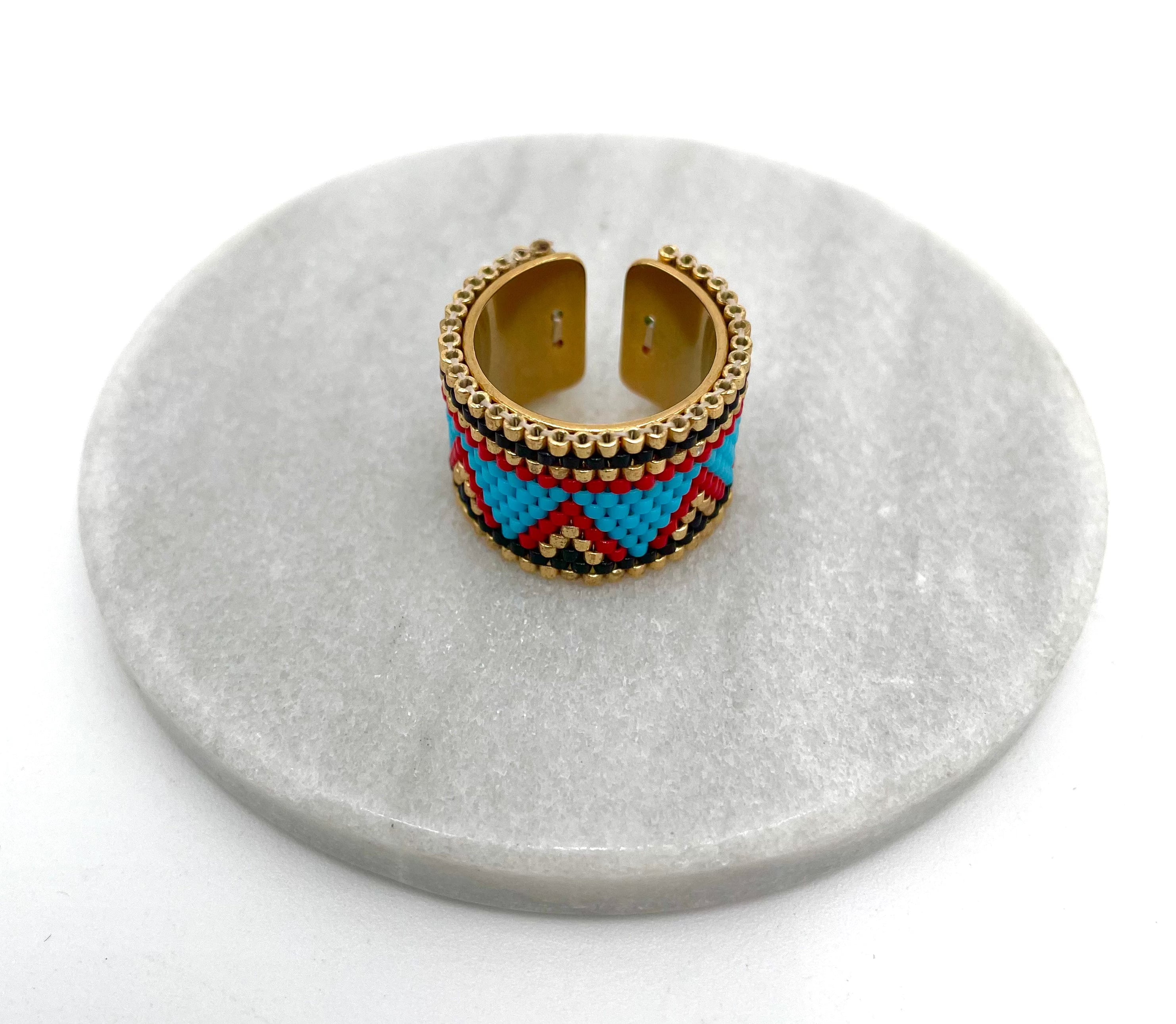 Mexoul Handmade Wide Band Ring Blue and Red Miyuki Seed Bead
