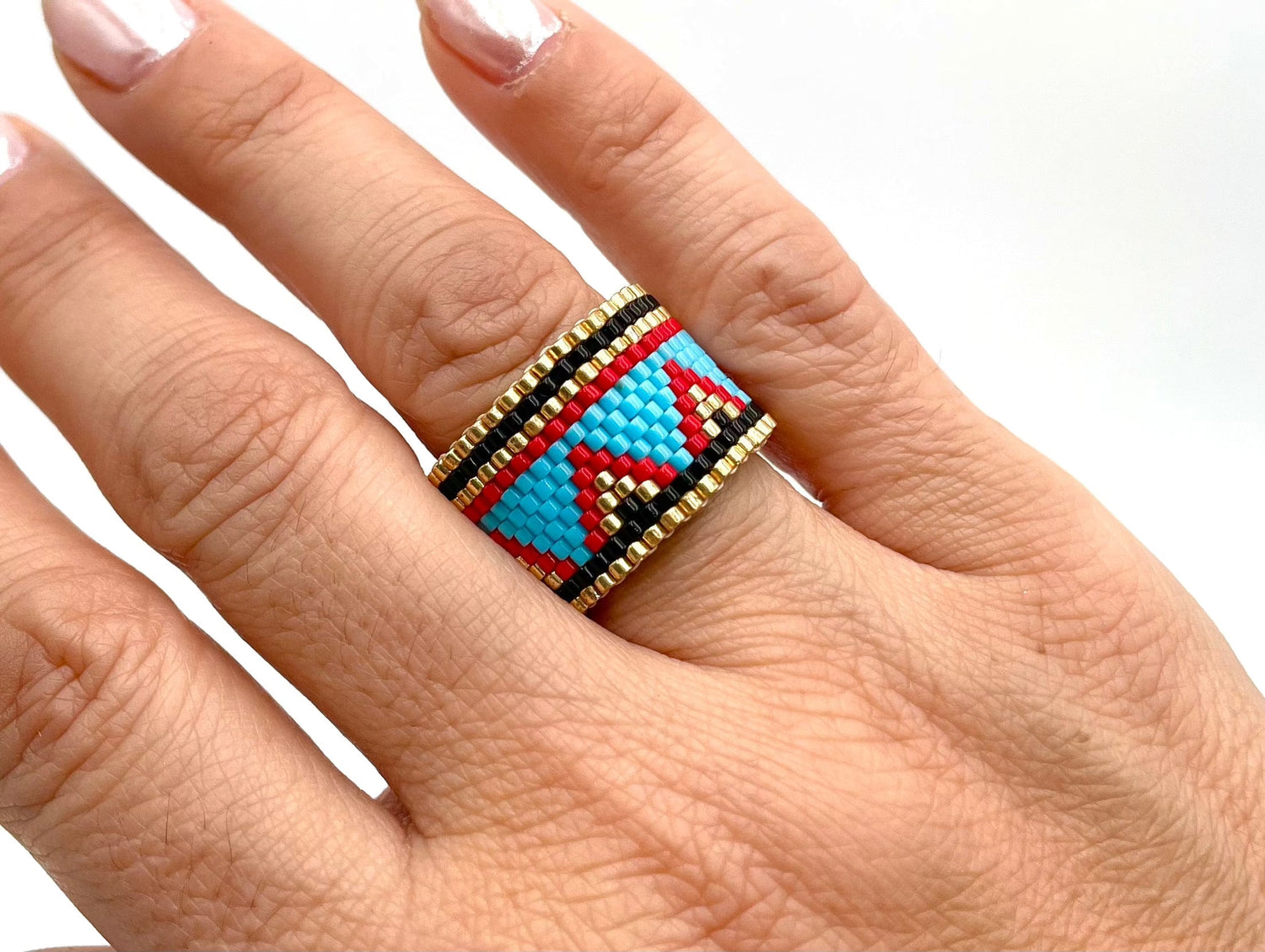 Mexoul Handmade Wide Band Ring Blue and Red Miyuki Seed Bead