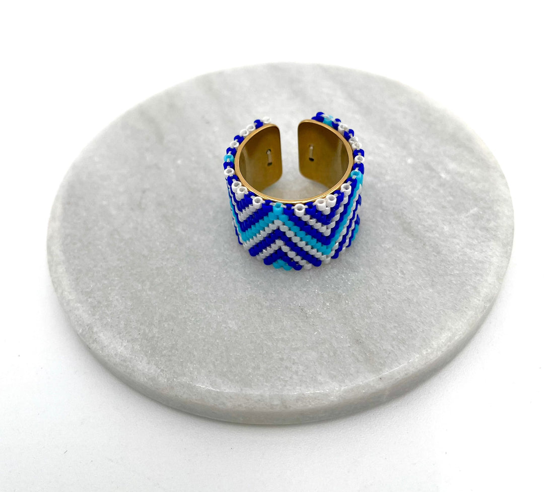 Mexoul Handmade Wide Band Ring Blue Miyuki Seed Bead