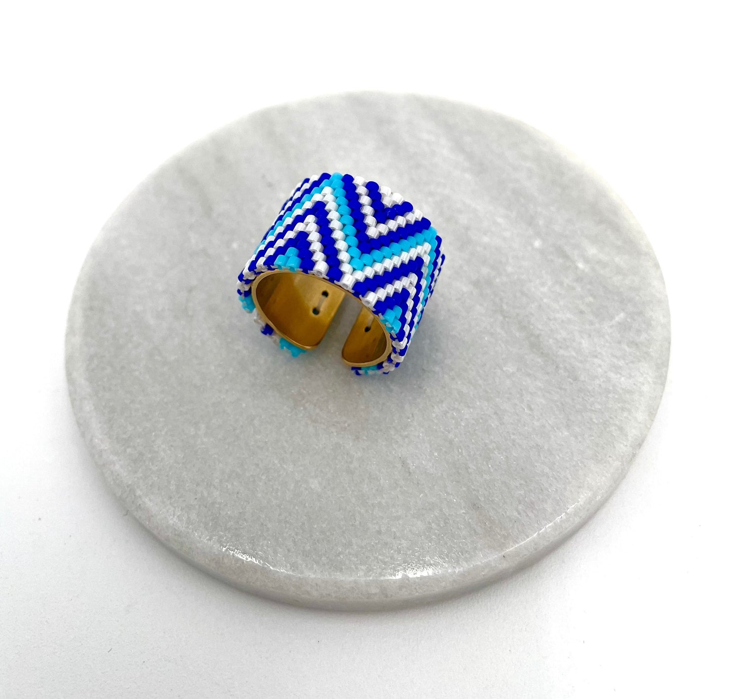 Mexoul Handmade Wide Band Ring Blue Miyuki Seed Bead