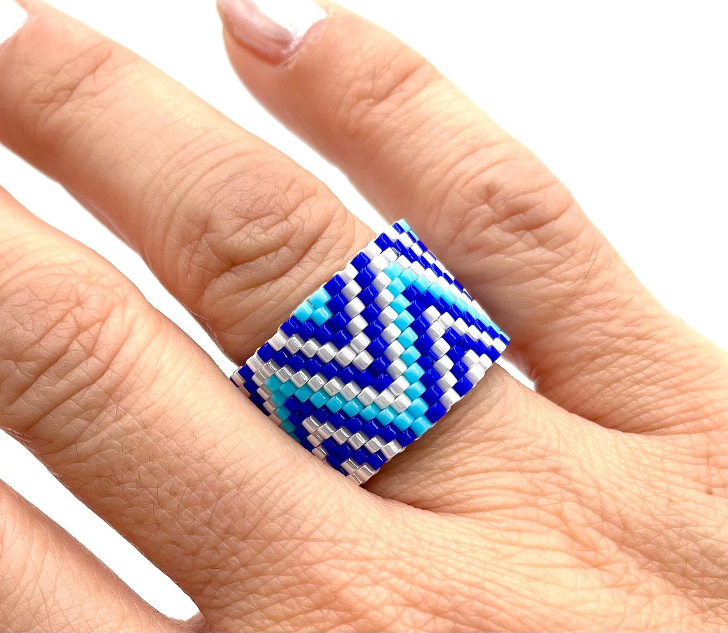 Mexoul Handmade Wide Band Ring Blue Miyuki Seed Bead