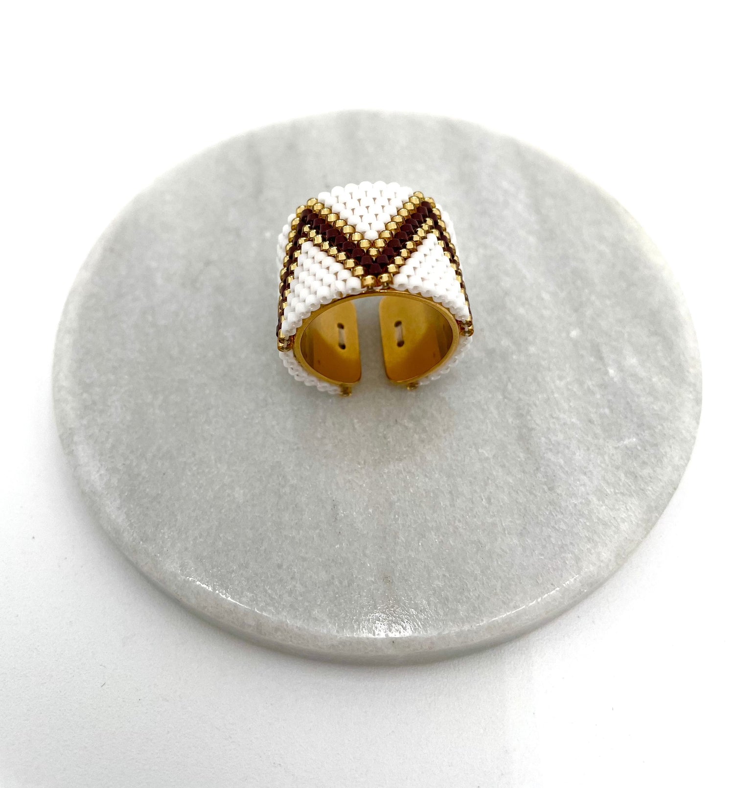 Mexoul Handmade Wide Band Ring Brown and White Miyuki Seed Bead